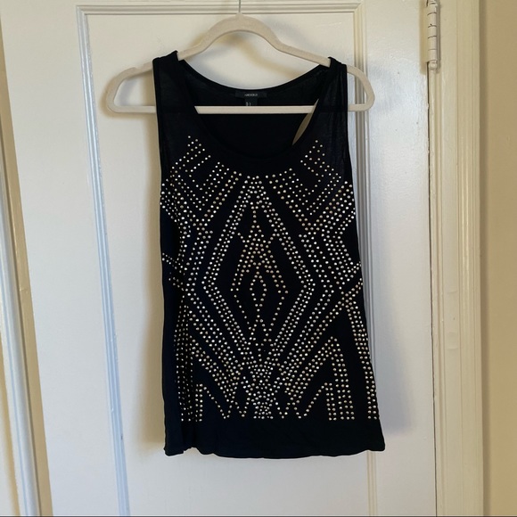 💥🎉HP🎉💥 Forever 21 Black Stretch Racerback Scoop Neck Tank Gold Silver Studs - Picture 2 of 11